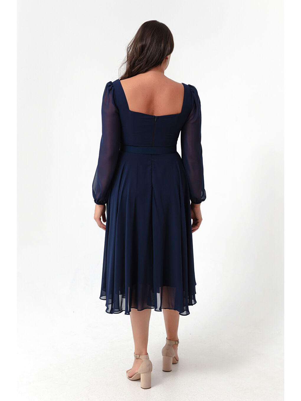 Kadın Lacivert Kare Yaka Kemerli Midi Şifon Büyük Beden Abiye Elbise-4