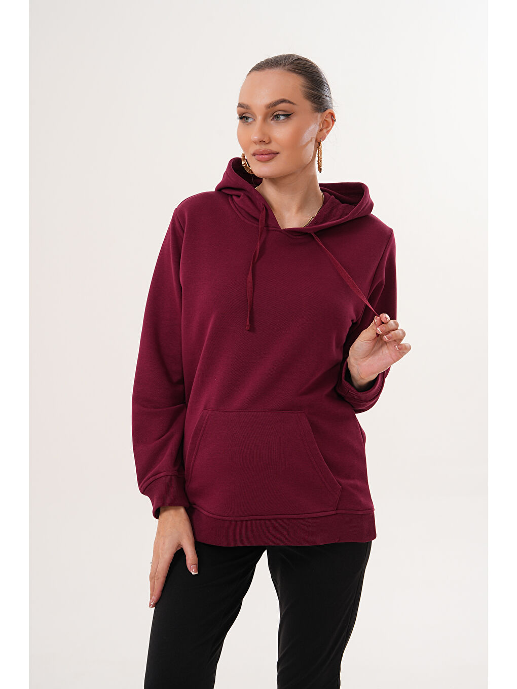 Bordo %100 Pamuk Hamile ve Lohusa Basic Kapüşonlu Sweatshirt-4