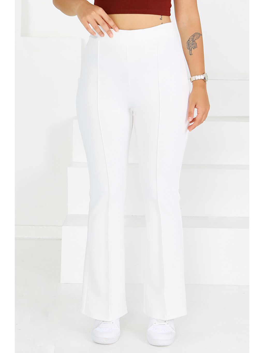 Çımalı İspanyol Paça Krep Pantolon Beyaz - 27623-2