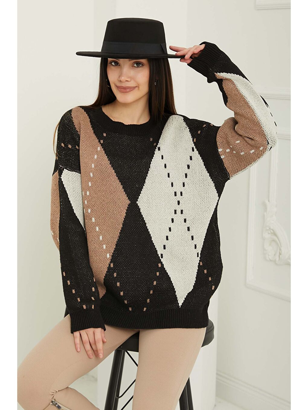 Ekru Baklava Desen Triko Kazak Krem - 27671-7