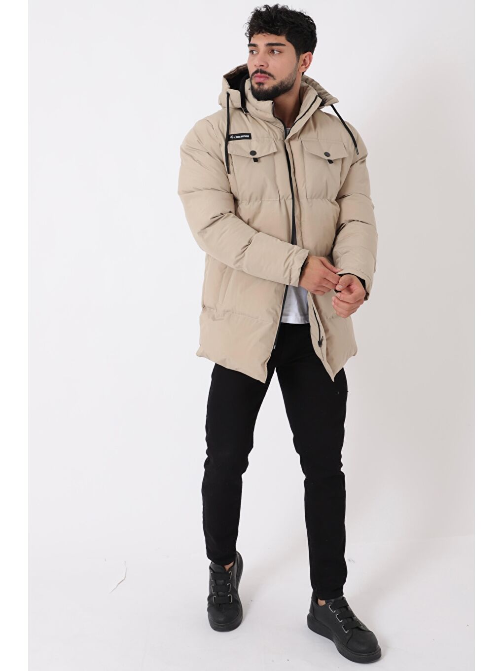 Bej Göğüs Cepli İçi Kürklü Uzun Şişme Mont PLDP 2957_50456-1