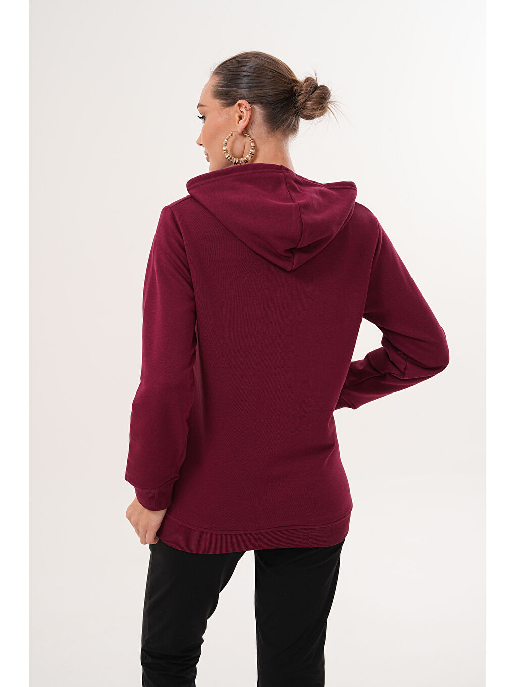 Bordo %100 Pamuk Hamile ve Lohusa Basic Kapüşonlu Sweatshirt-5