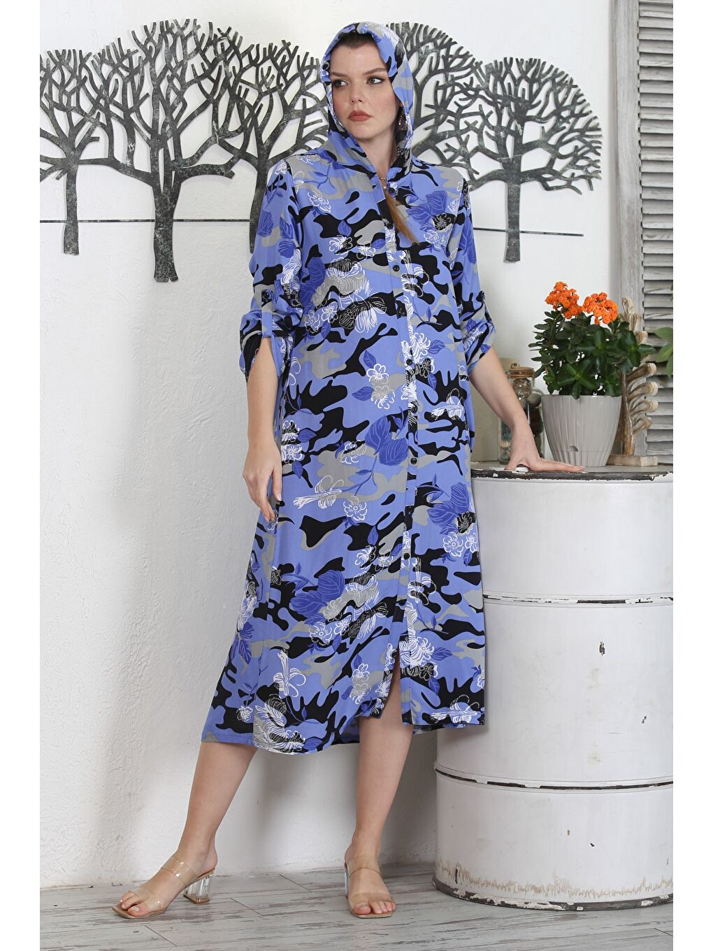 Kamuflaj Mavi Kapüşonlu Düğmeli Uzun Kollu Gizli Cepli Baskılı Casual Dokuma Elbise-5