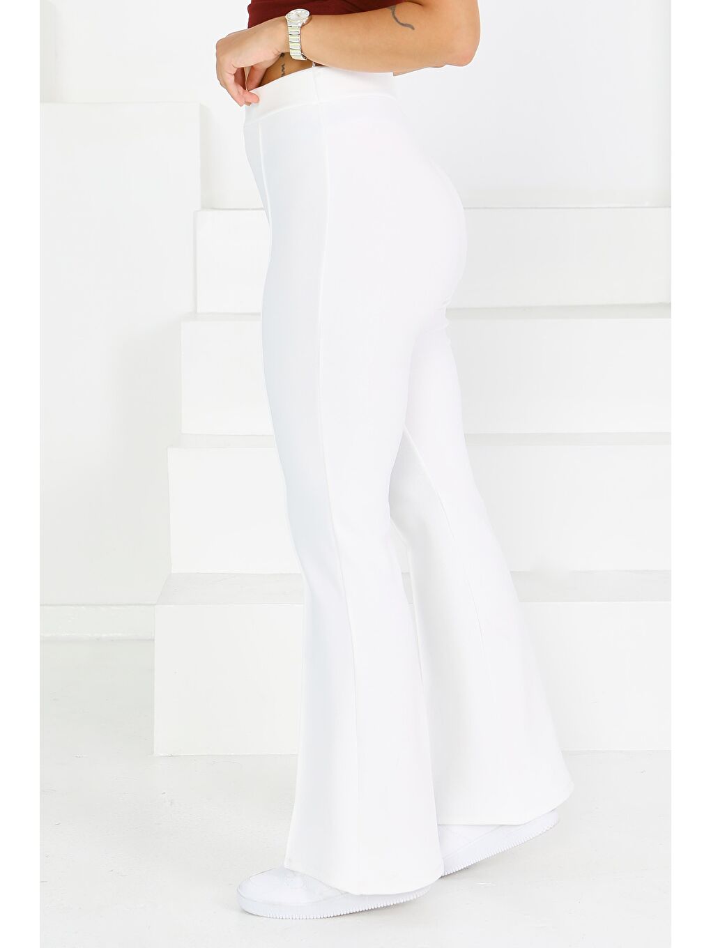 Çımalı İspanyol Paça Krep Pantolon Beyaz - 27623-3