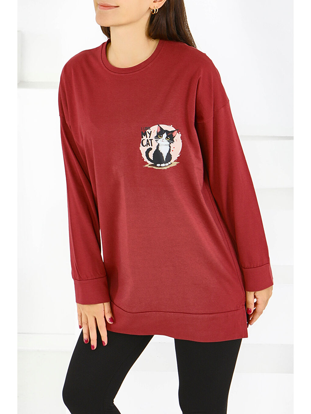 Uzun Kollu Baskılı Süprem Tunik Bordo - 27585