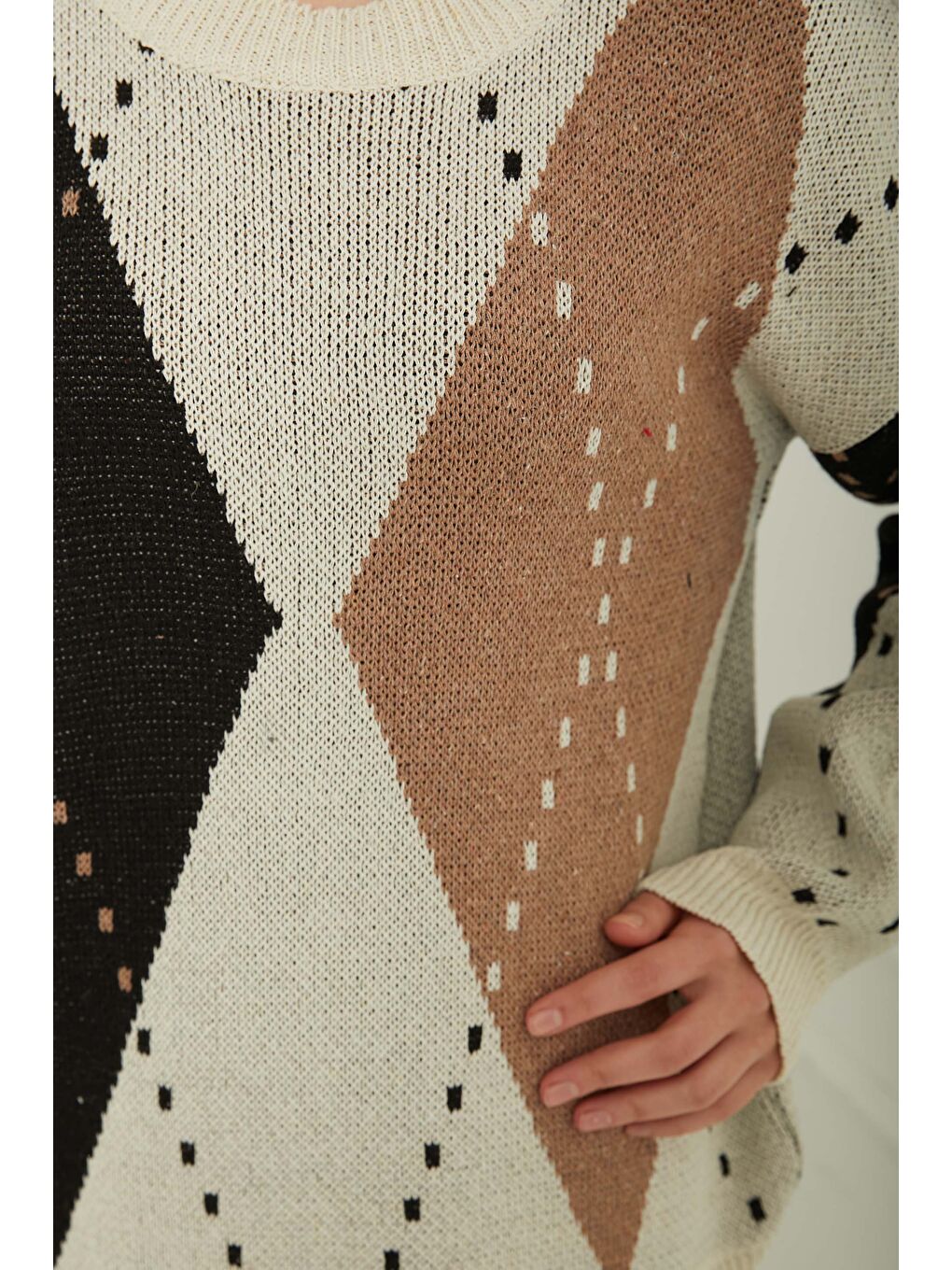 Ekru Baklava Desen Triko Kazak Krem - 27671-8