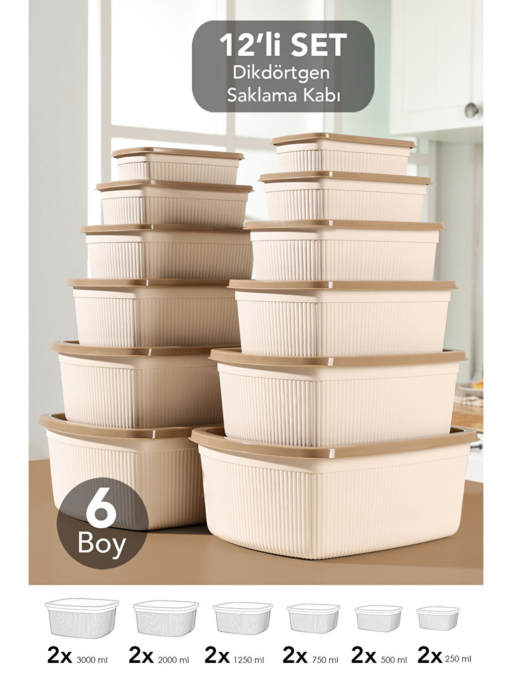 Bej 12'li Çizgili Dikdörtgen Gıda Saklama Kabı Seti