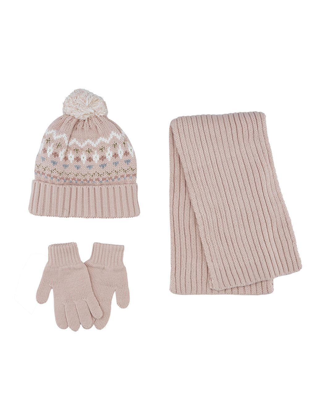 Pembe Kız Çocuk Atkı Bere Eldiven Set-1