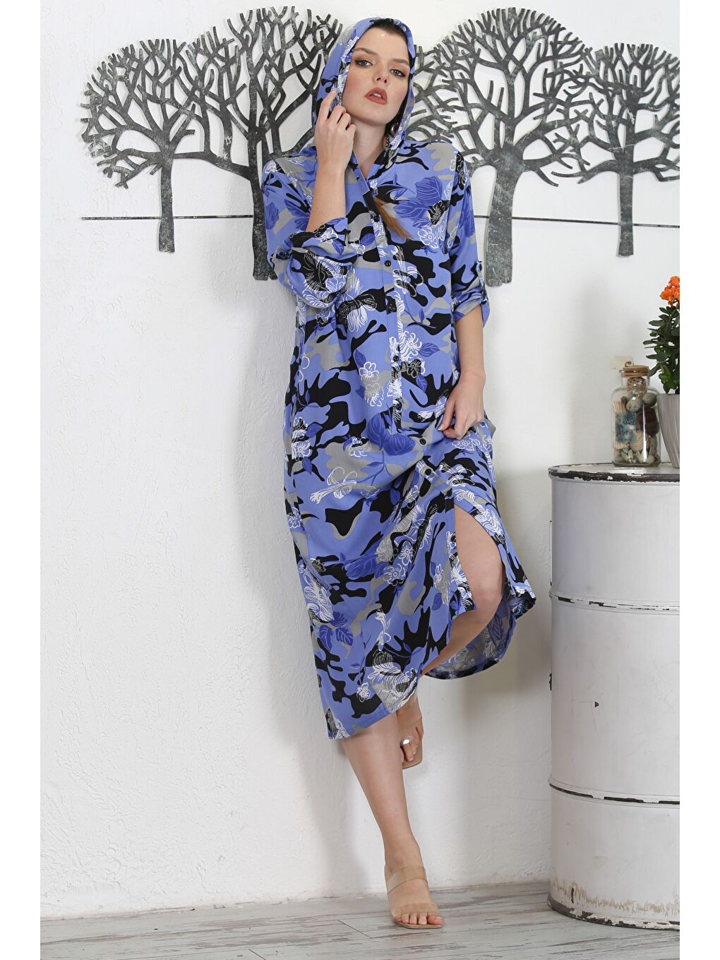 Kamuflaj Mavi Kapüşonlu Düğmeli Uzun Kollu Gizli Cepli Baskılı Casual Dokuma Elbise-6