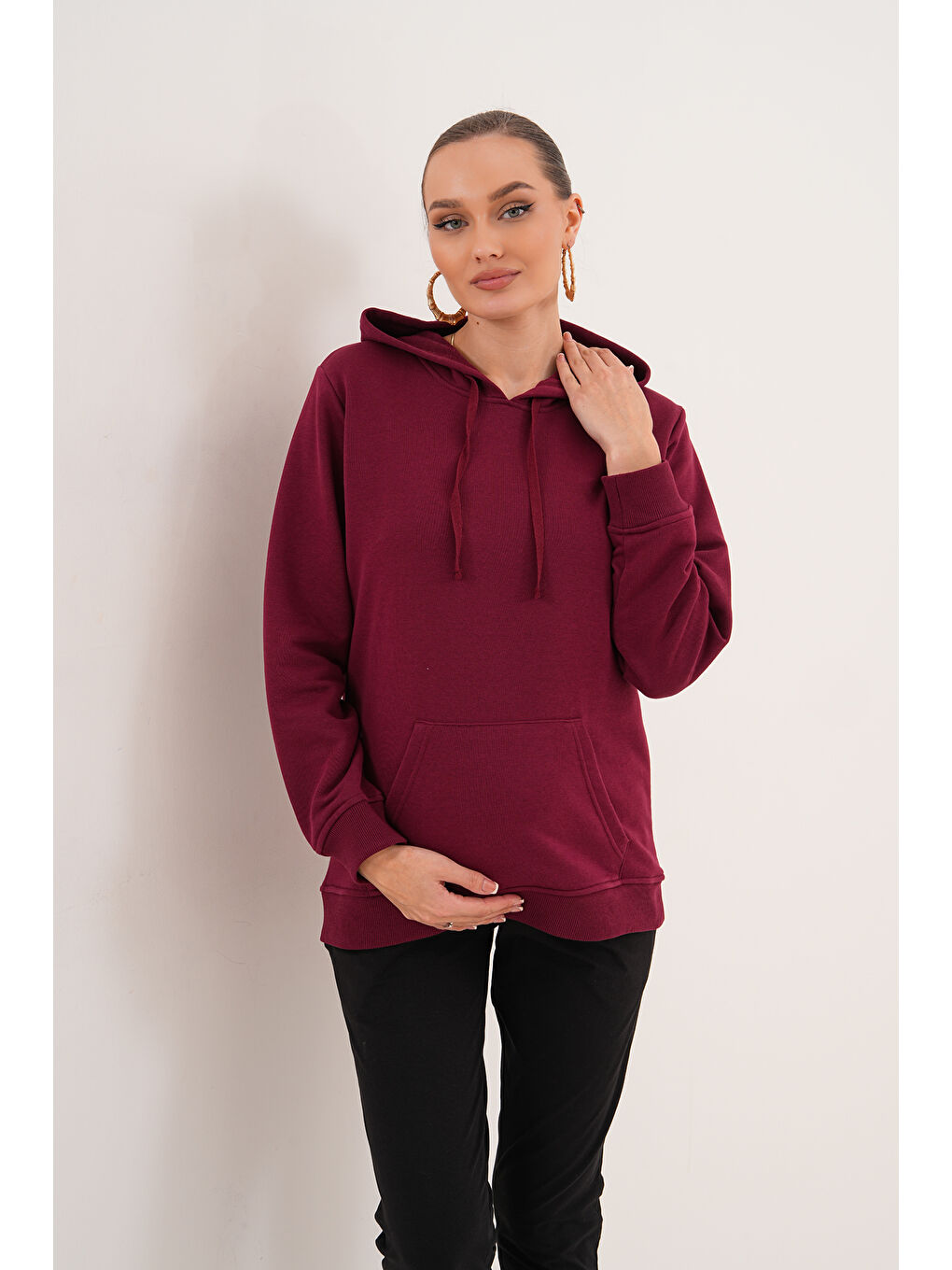 Bordo %100 Pamuk Hamile ve Lohusa Basic Kapüşonlu Sweatshirt-6