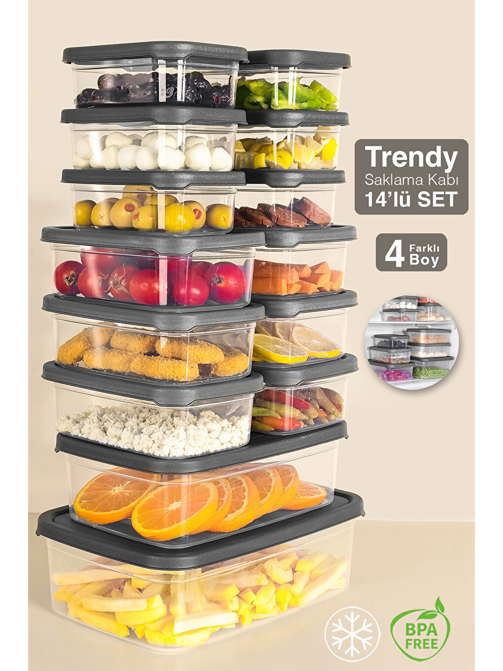 Gri 14'lü Dikdörtgen Erzak Saklama Kabı