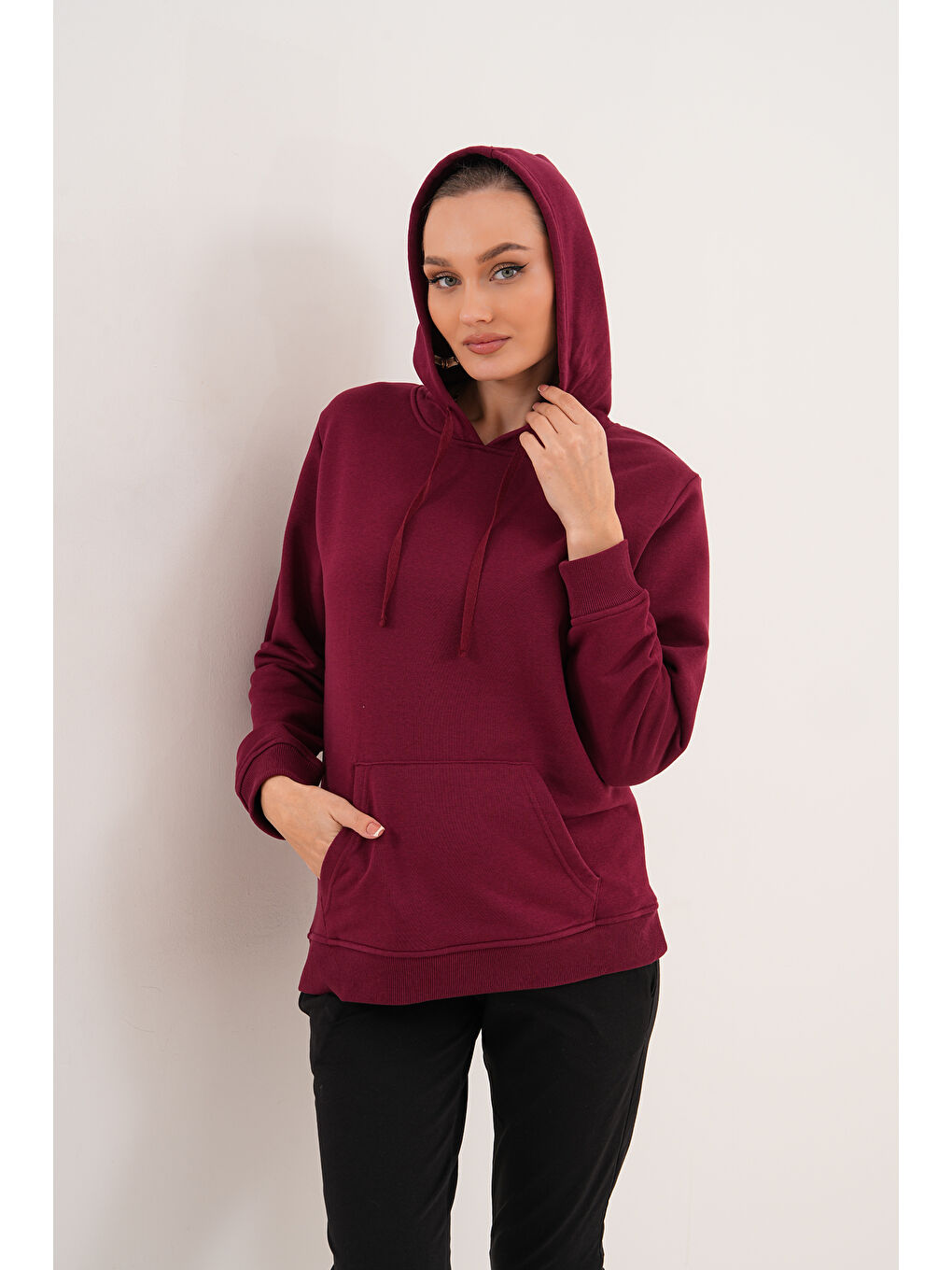 Bordo %100 Pamuk Hamile ve Lohusa Basic Kapüşonlu Sweatshirt-7