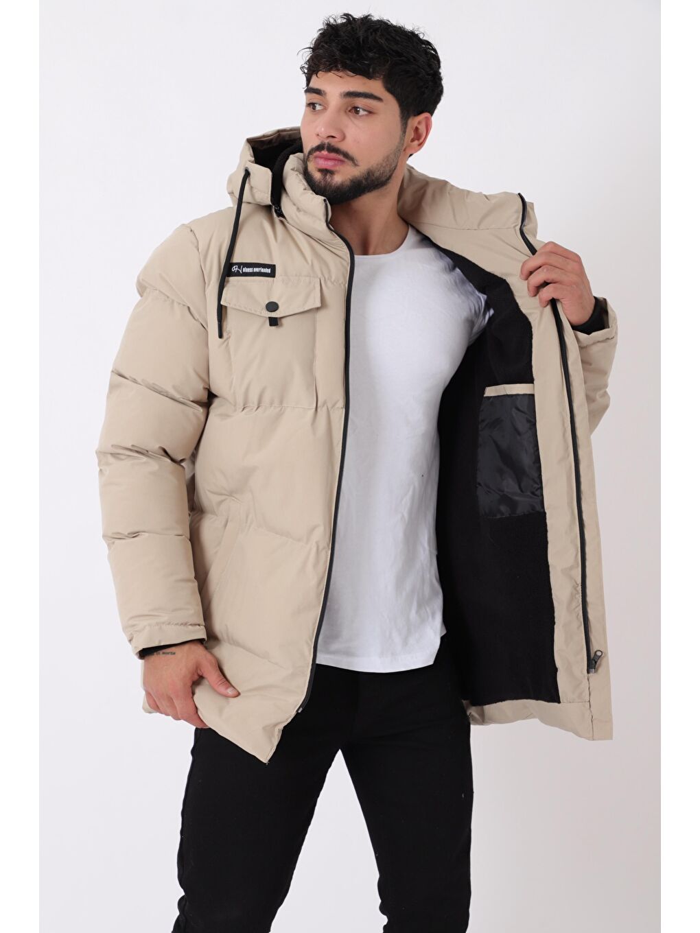 Bej Göğüs Cepli İçi Kürklü Uzun Şişme Mont PLDP 2957_50456-2