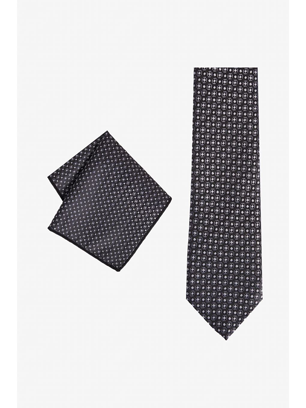 Erkek Siyah-Gri Desenli Kravat-Mendil Set