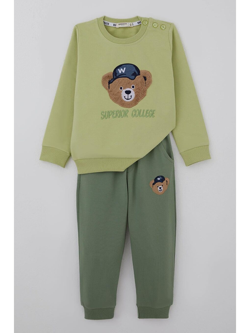 Erkek Bebek Eşofman Takımı Sevimli Ayıcık Aplikeli Kolej Model Fıstık Yeşili (9 Ay-3 Yaş)
