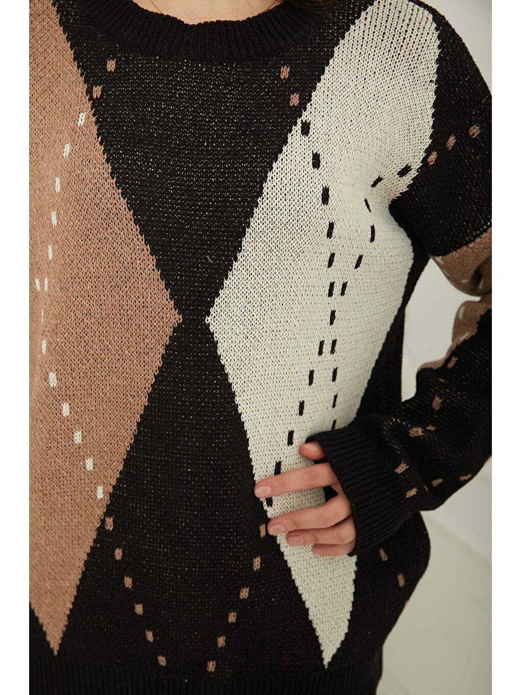 Ekru Baklava Desen Triko Kazak Krem - 27671-9