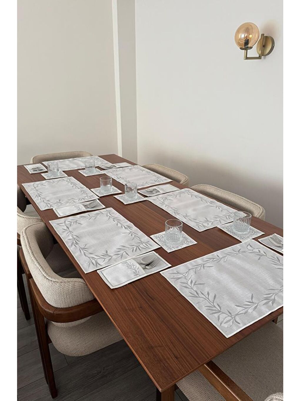 Gri Nazlım Keten Nakışlı Amerikan Servis Takımı 19 Parça Silver-3