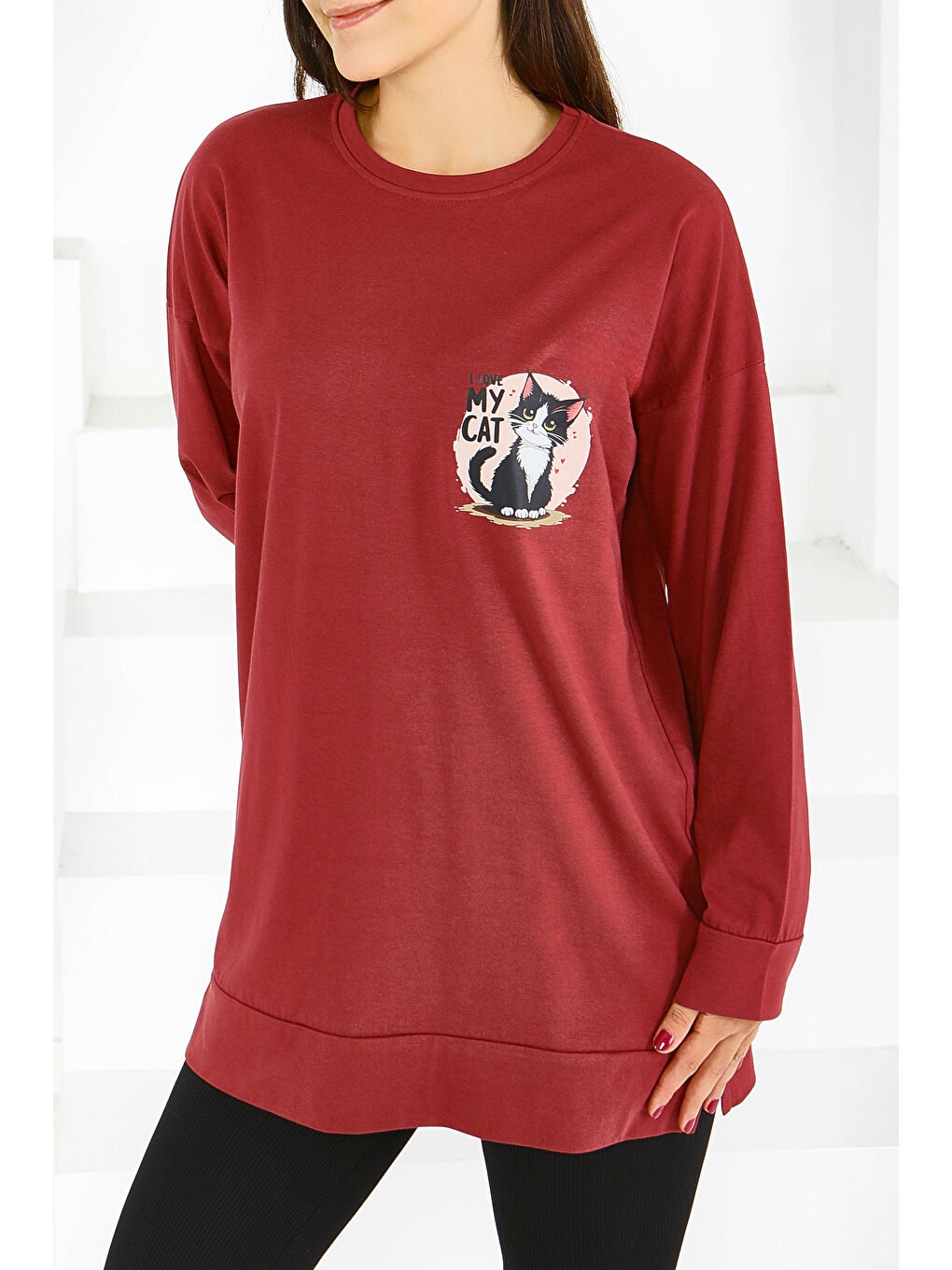 Uzun Kollu Baskılı Süprem Tunik Bordo - 27585-1