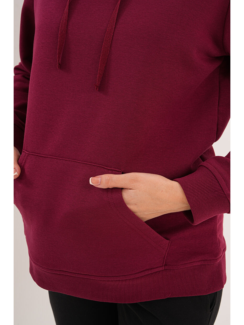 Bordo %100 Pamuk Hamile ve Lohusa Basic Kapüşonlu Sweatshirt-8