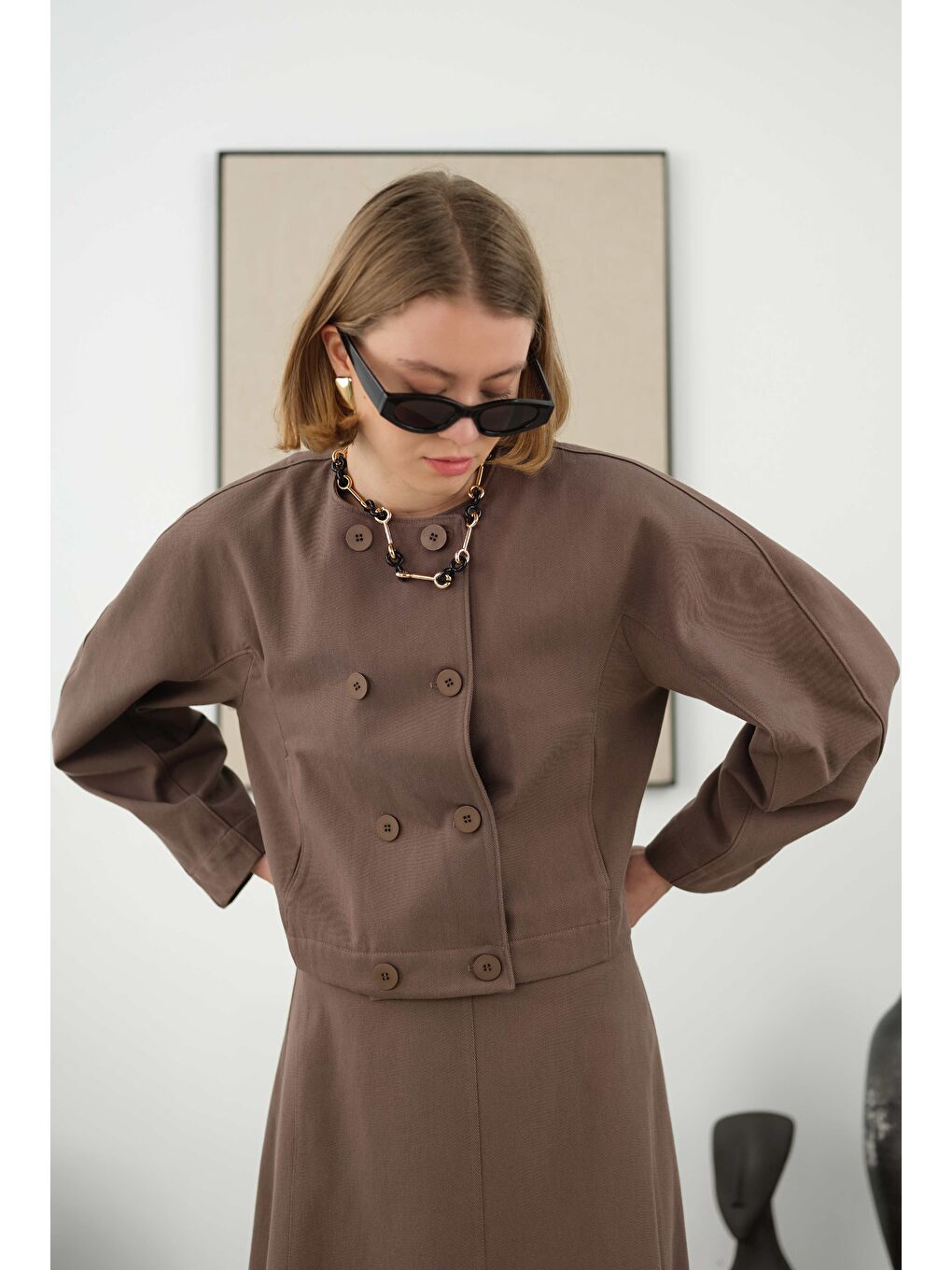 Kahverengi Pamuklu Kruvaze Ceket Tozlu Kahve-1