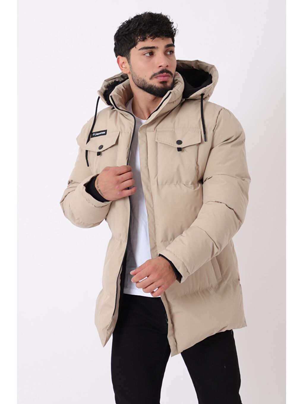 Bej Göğüs Cepli İçi Kürklü Uzun Şişme Mont PLDP 2957_50456-3