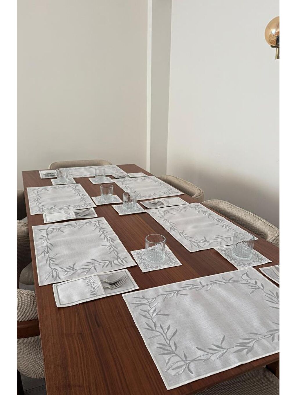 Gri Nazlım Keten Nakışlı Amerikan Servis Takımı 19 Parça Silver-4