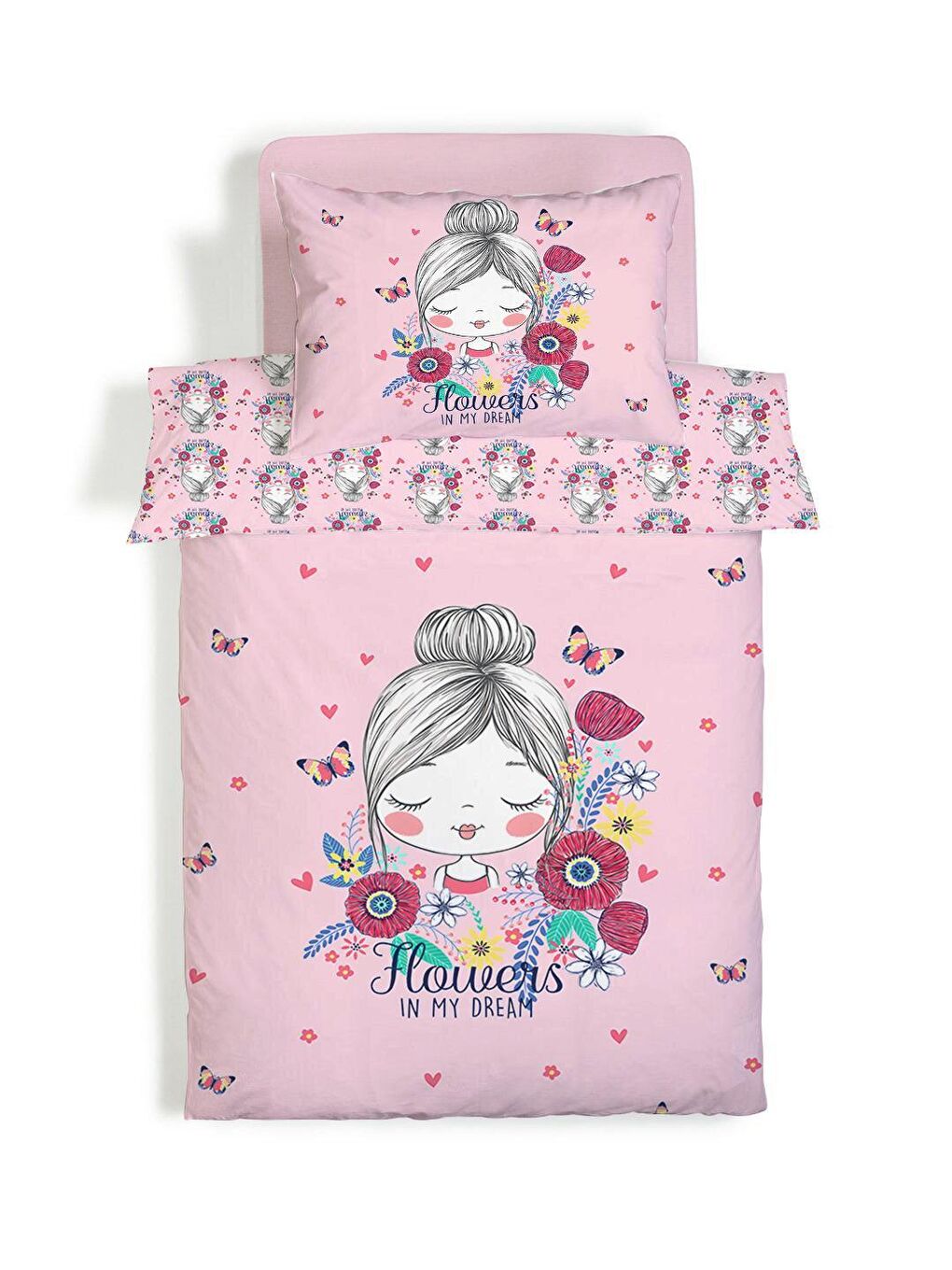 Karışık Çift Taraflı Kız Çocuk Desenli Çarşafsız Takım Tek Kişilik Nevresim Takımı 160x220 Cm-1