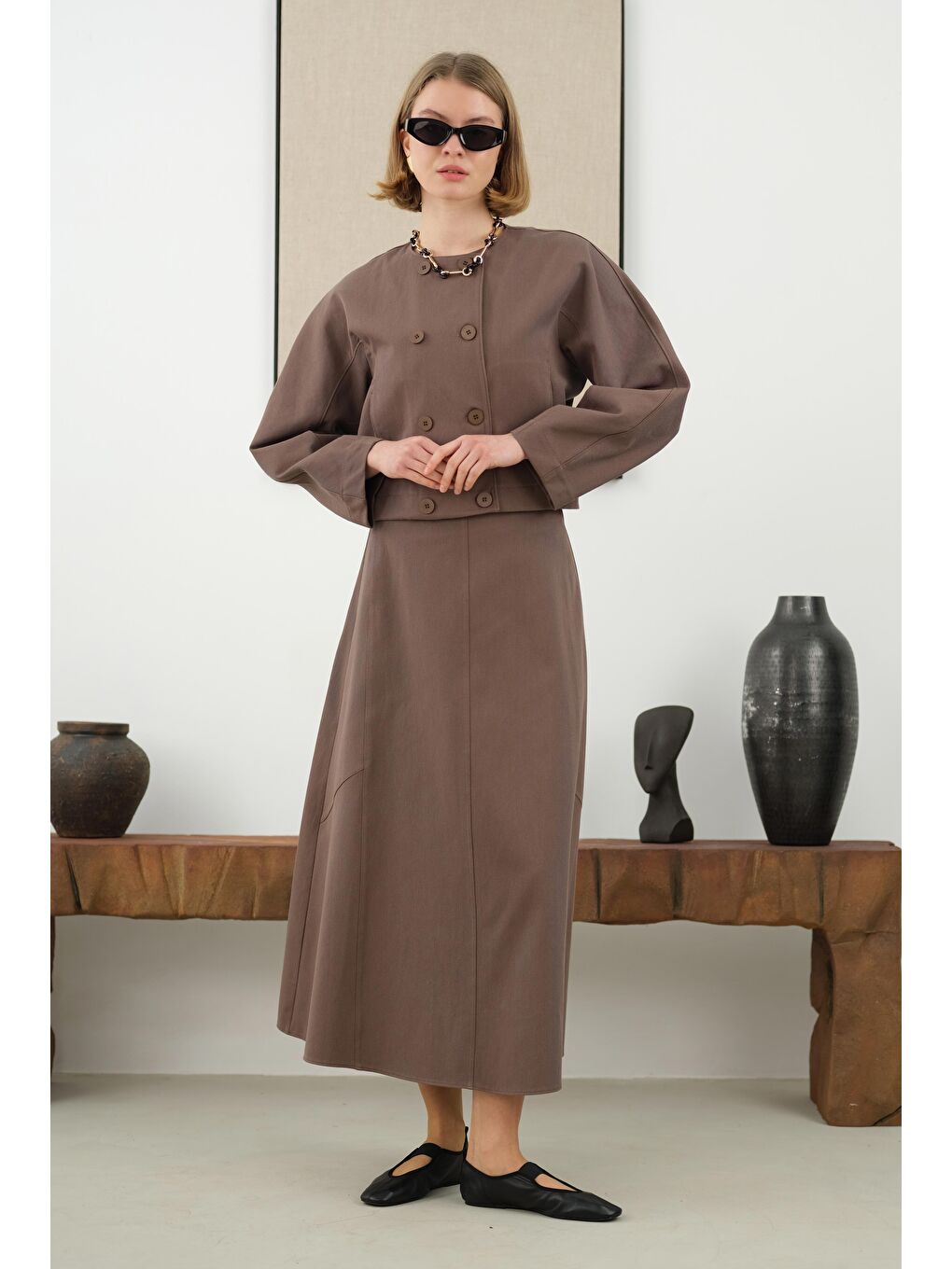 Kahverengi Pamuklu Kruvaze Ceket Tozlu Kahve-2