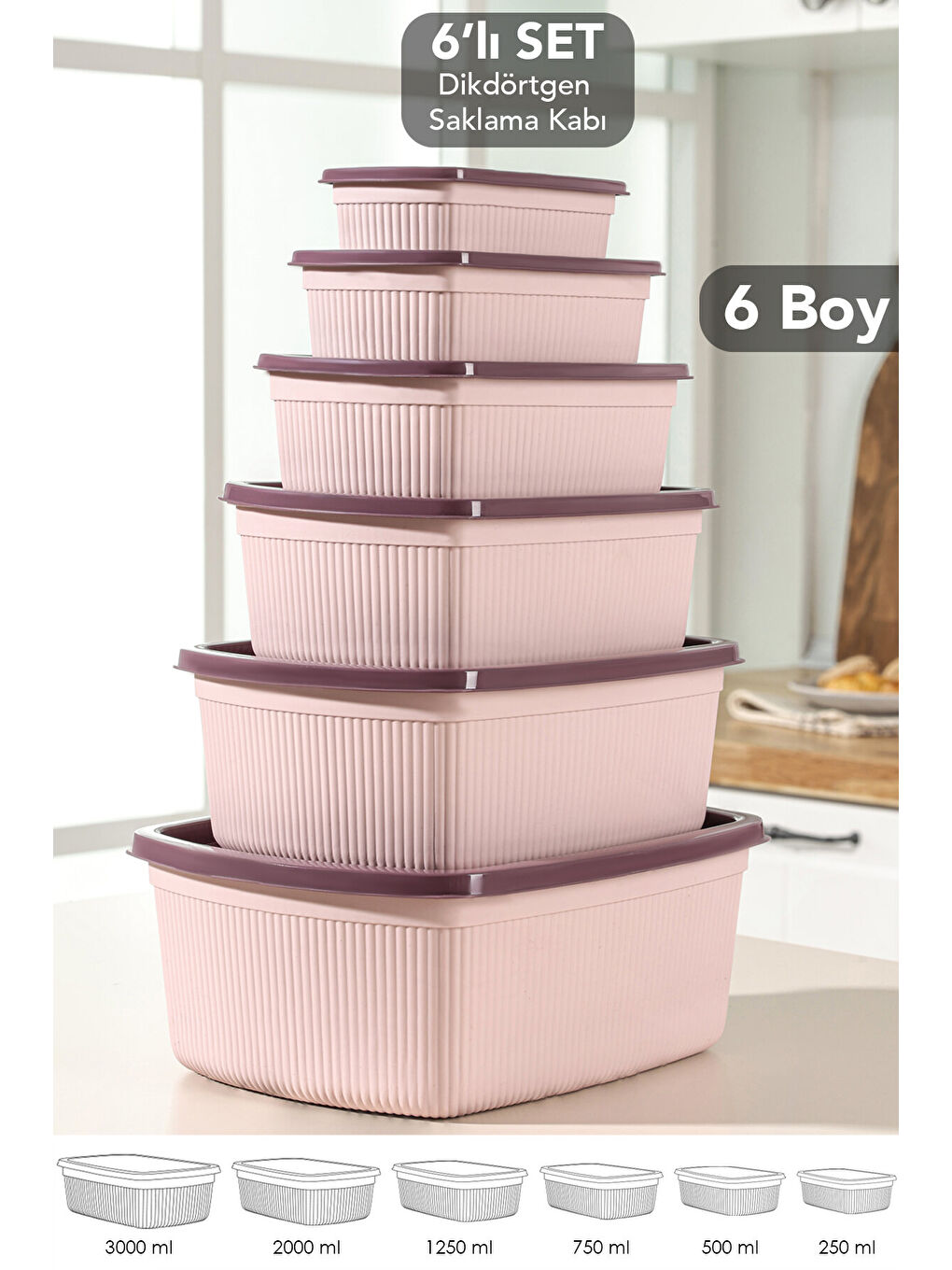 Pembe 6'lı Çizgili Dikdörtgen Gıda Saklama Kabı Seti