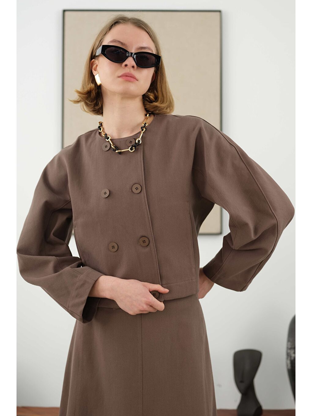 Kahverengi Pamuklu Kruvaze Ceket Tozlu Kahve-3