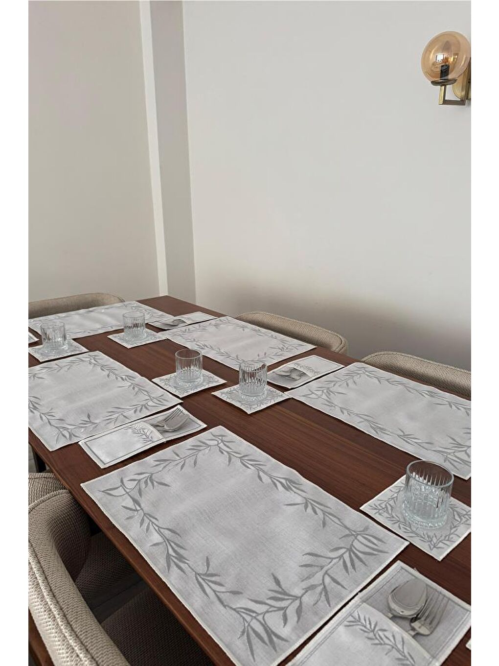 Gri Nazlım Keten Nakışlı Amerikan Servis Takımı 19 Parça Silver-5