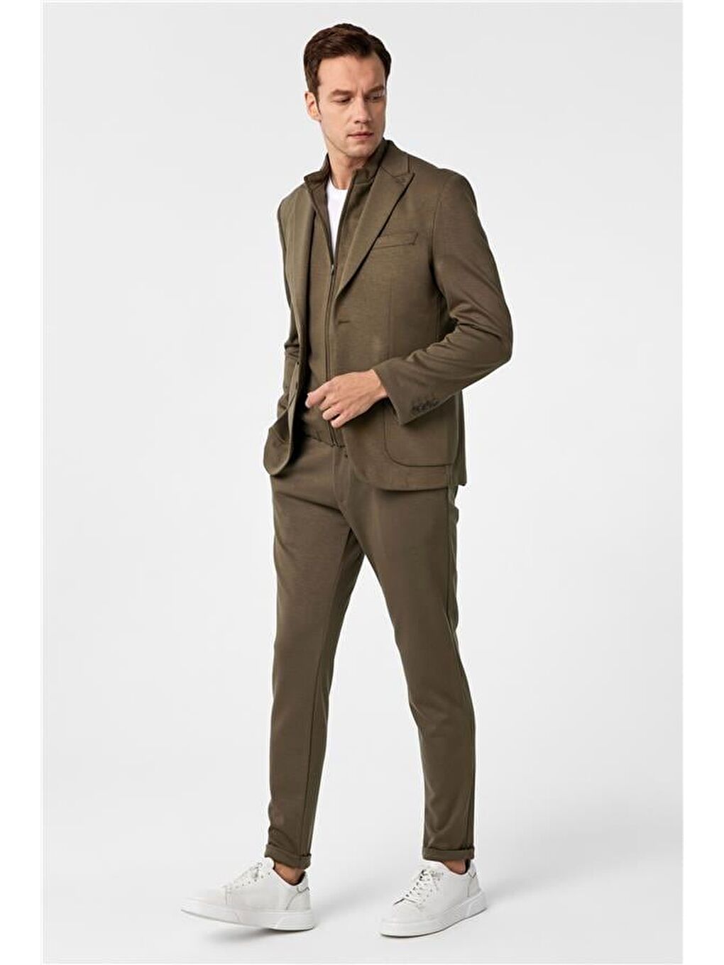 Haki Slim Düz Sivri Yaka 6 Drop Takım Elbise-1