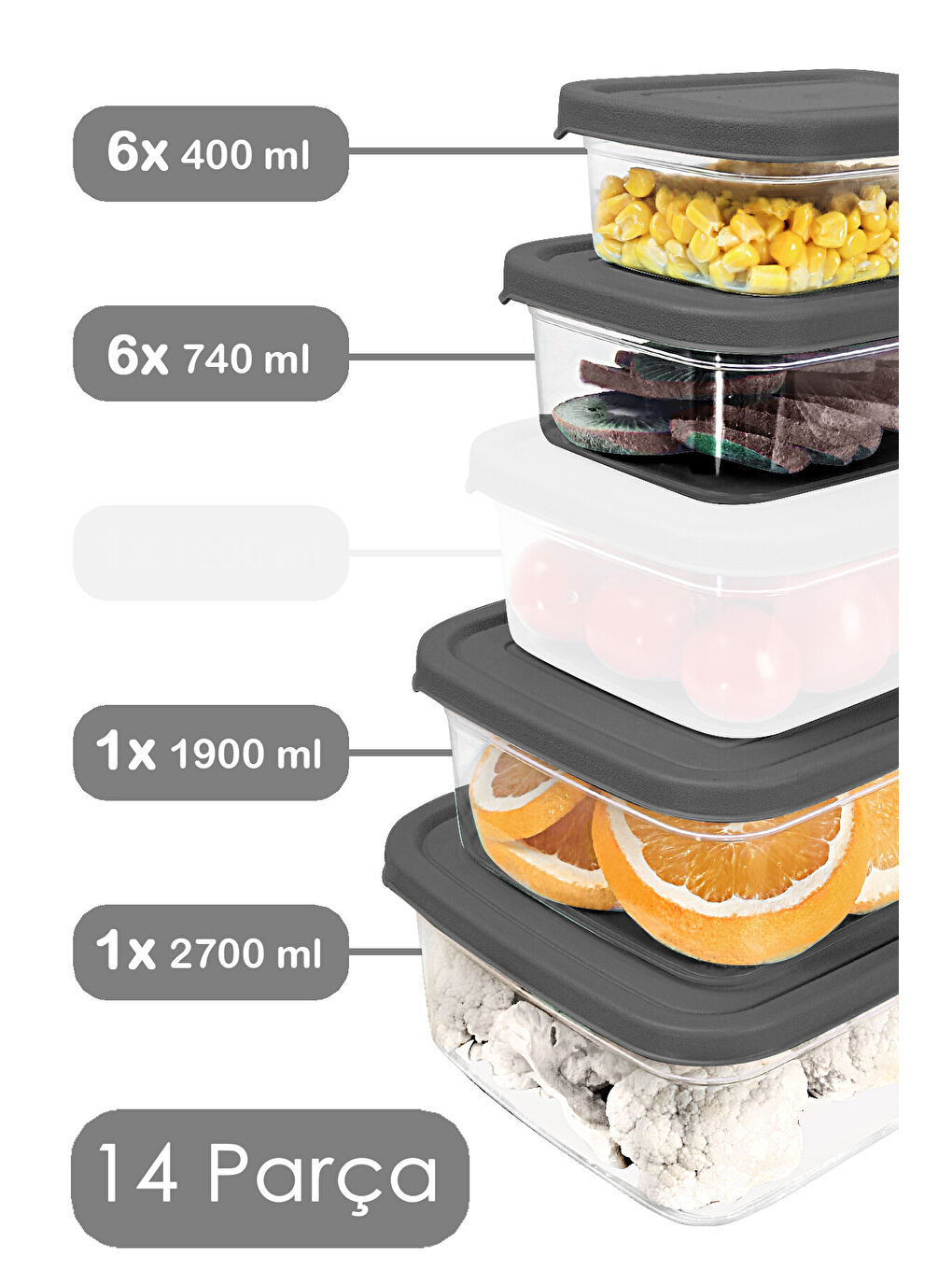Gri 14'lü Dikdörtgen Erzak Saklama Kabı-1
