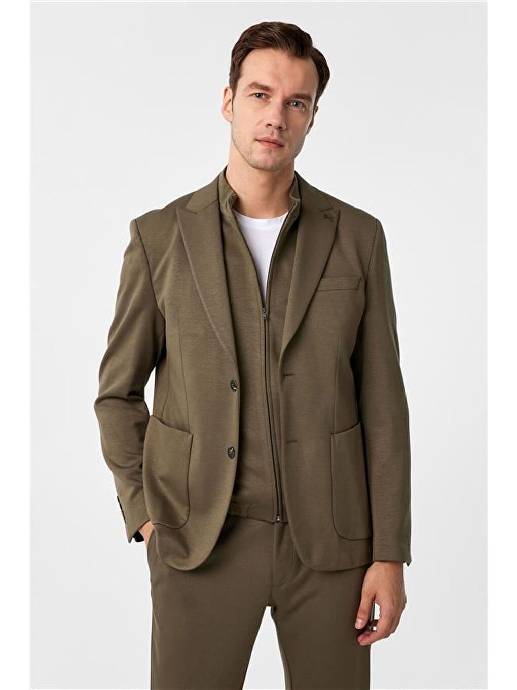 Haki Slim Düz Sivri Yaka 6 Drop Takım Elbise-2