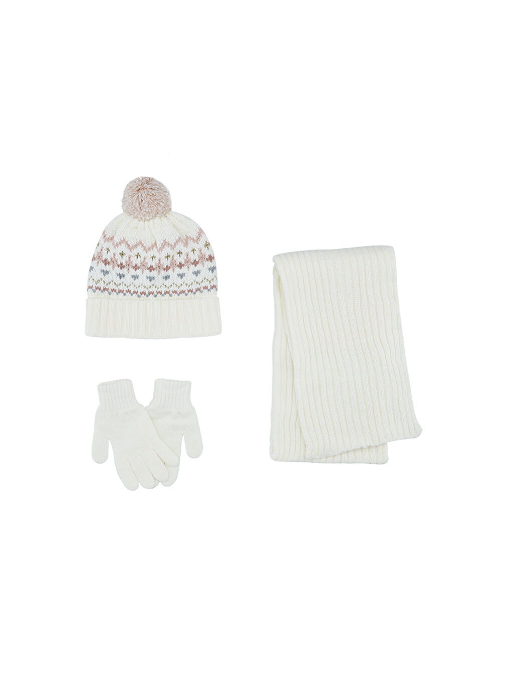 Ekru Kız Çocuk Atkı Bere Eldiven Set