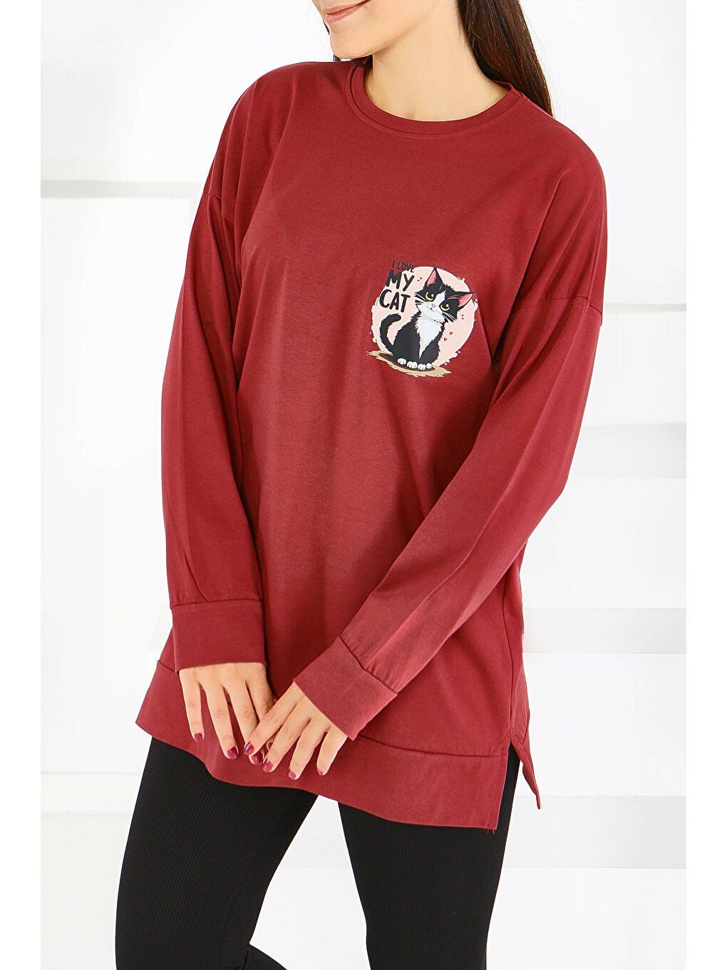 Uzun Kollu Baskılı Süprem Tunik Bordo - 27585-2