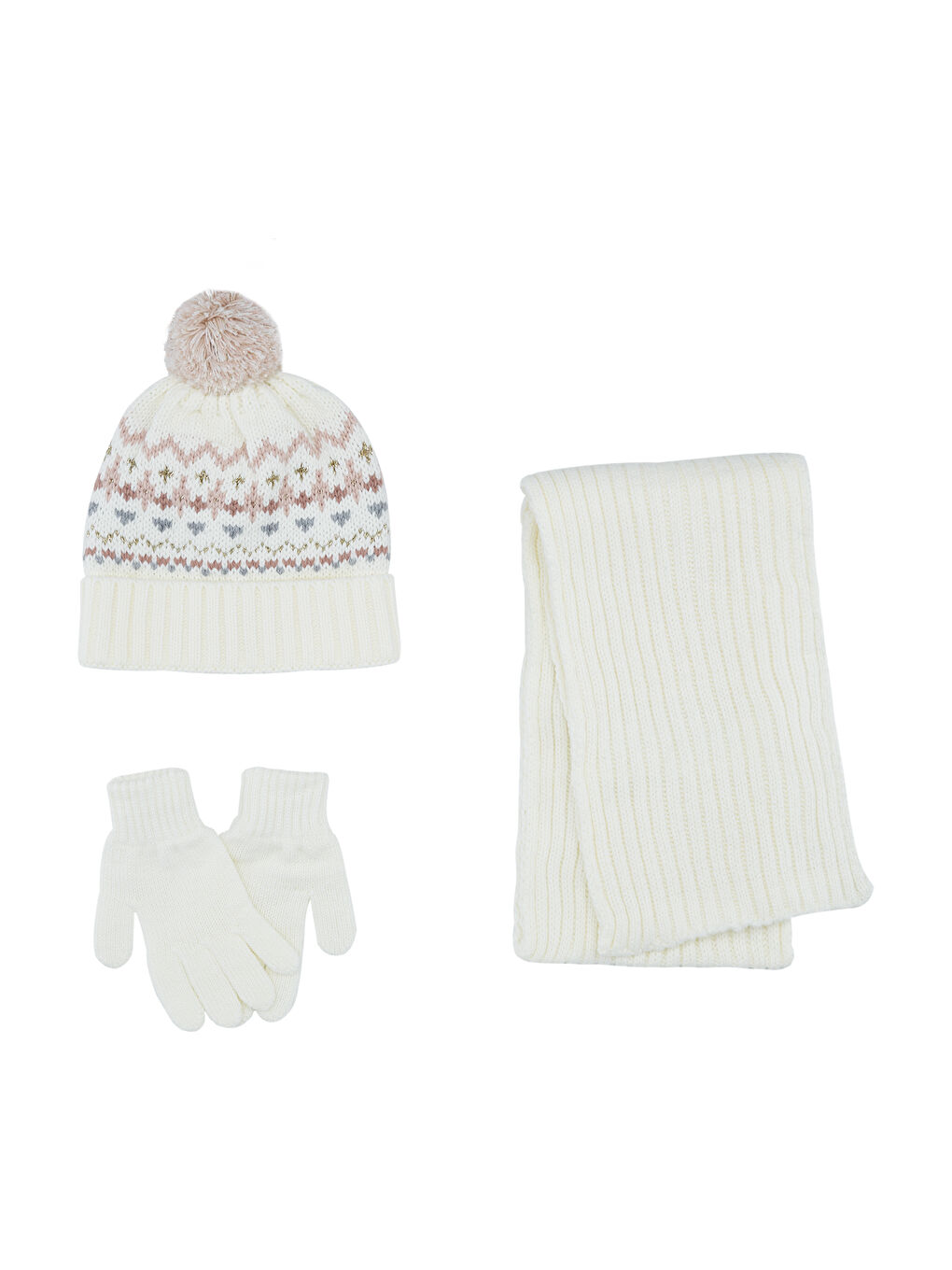 Ekru Kız Çocuk Atkı Bere Eldiven Set-2