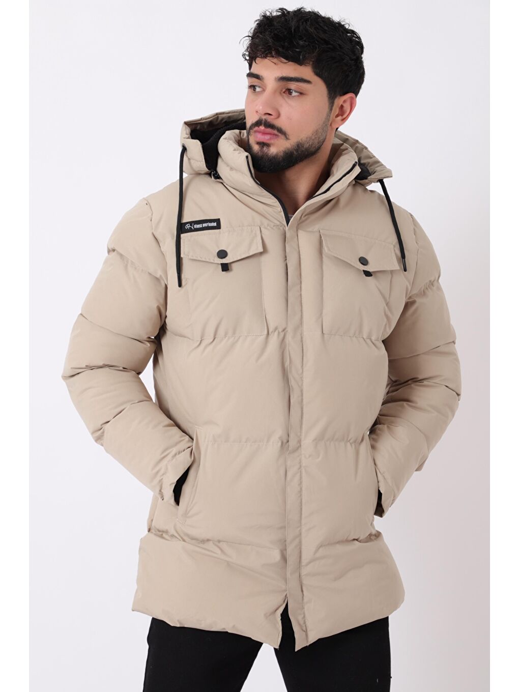 Bej Göğüs Cepli İçi Kürklü Uzun Şişme Mont PLDP 2957_50456-4