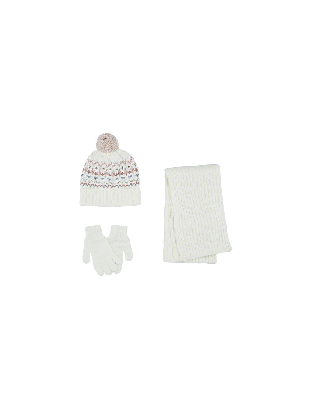 Ekru Kız Çocuk Atkı Bere Eldiven Set-3