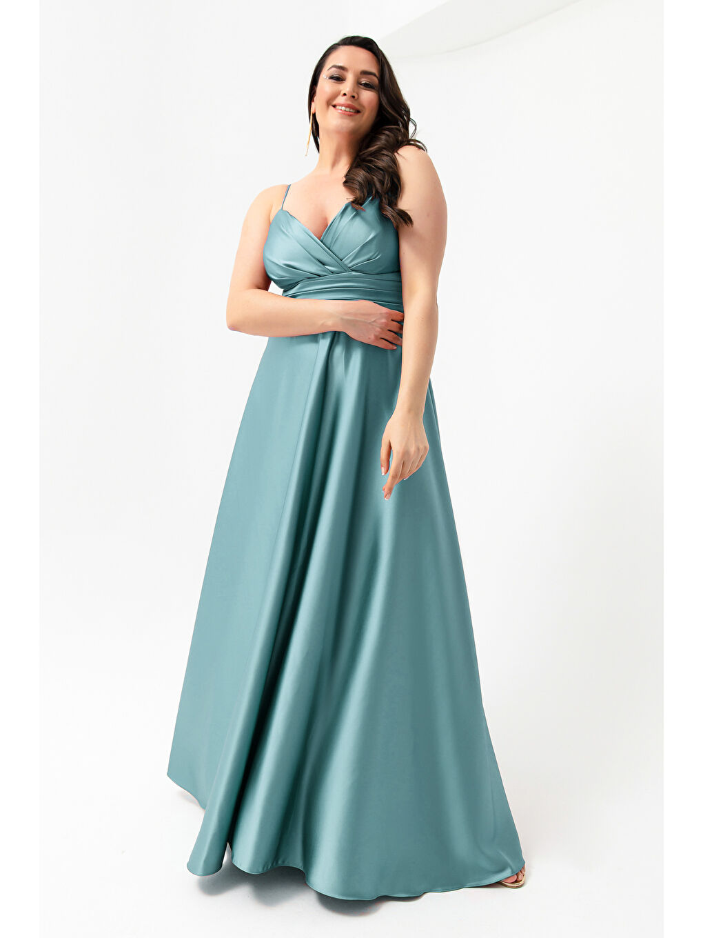 Mavi Kadın Firuze İp Askılı Büyük Beden Saten Uzun Abiye & Mezuniyet Elbisesi-2