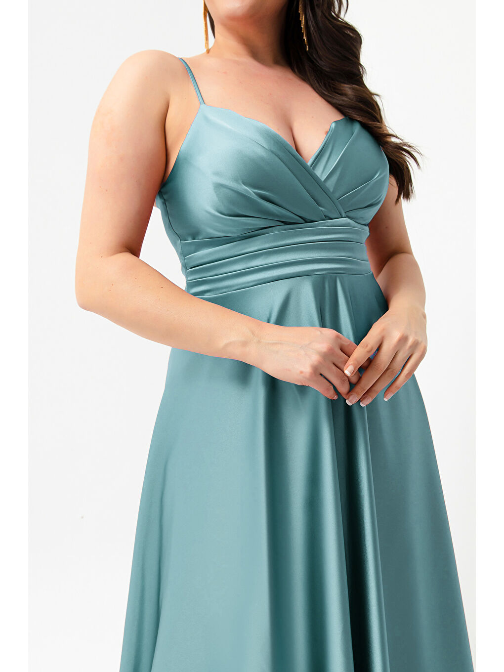 Mavi Kadın Firuze İp Askılı Büyük Beden Saten Uzun Abiye & Mezuniyet Elbisesi-3