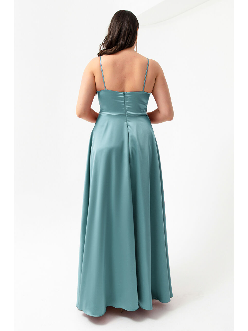 Mavi Kadın Firuze İp Askılı Büyük Beden Saten Uzun Abiye & Mezuniyet Elbisesi-4