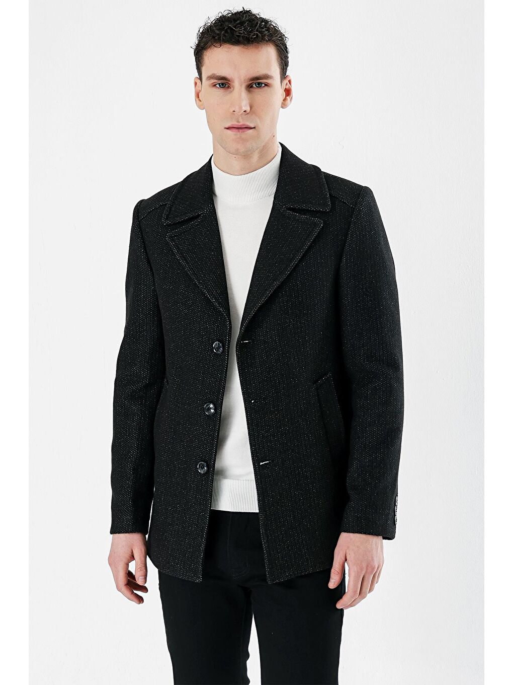 Siyah Kaşe Kırlangıç Yaka Desenli Yünlü Astarlı Slim Fit Dar Kesim Casual Mont 1007235173-1