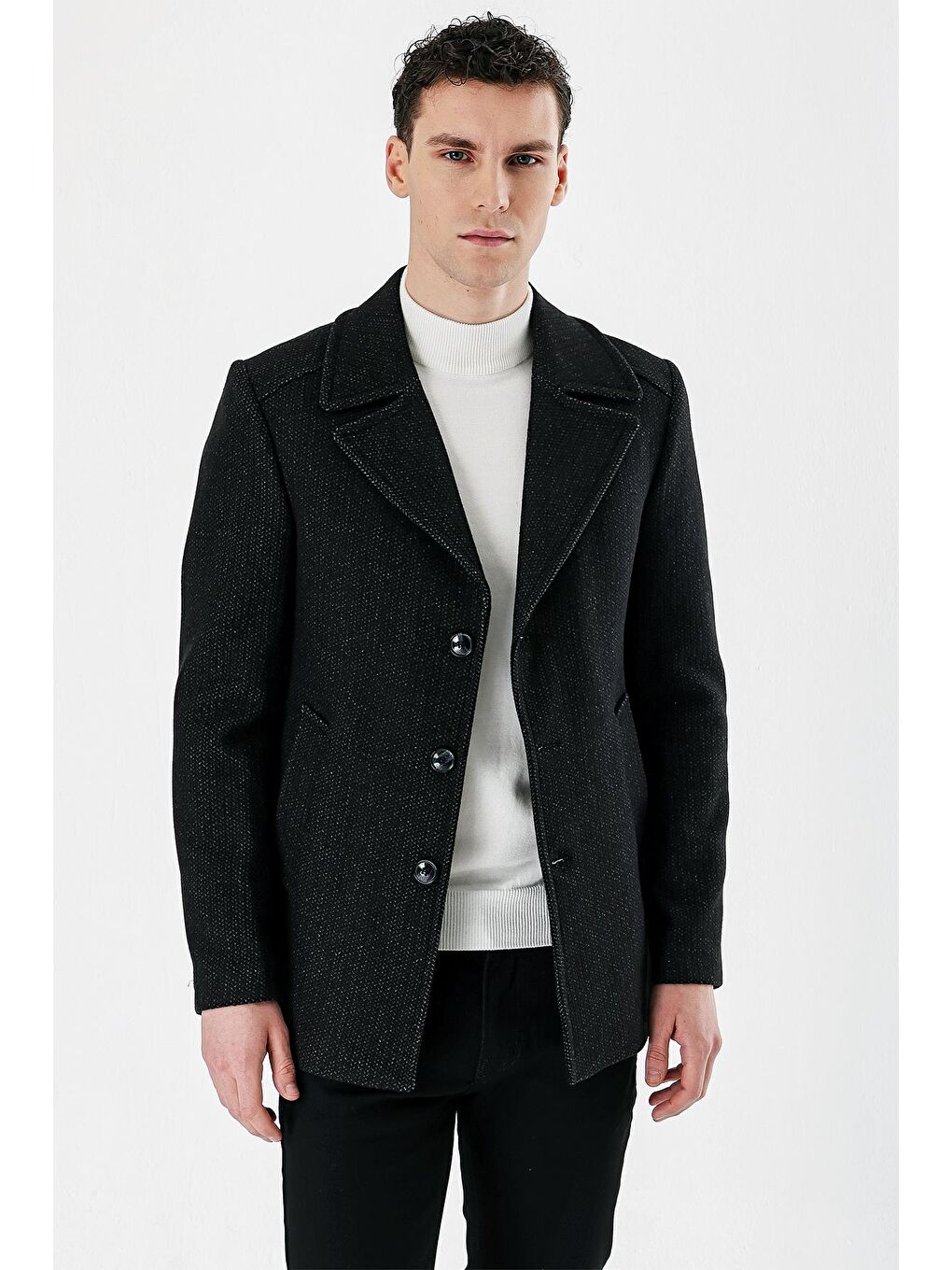 Siyah Kaşe Kırlangıç Yaka Desenli Yünlü Astarlı Slim Fit Dar Kesim Casual Mont 1007235173-2