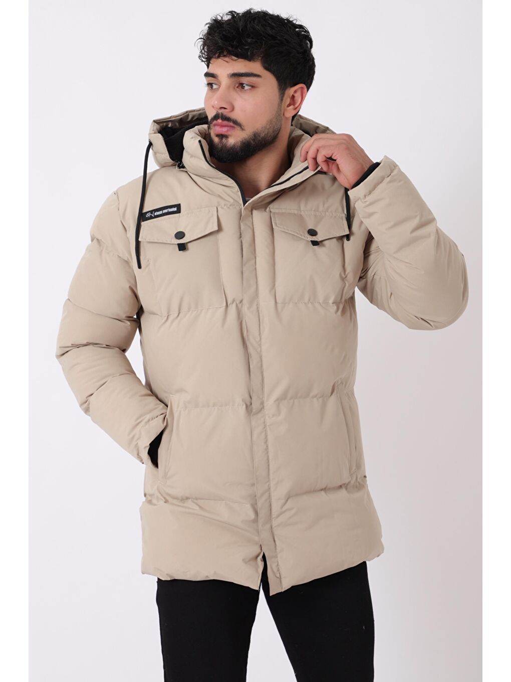 Bej Göğüs Cepli İçi Kürklü Uzun Şişme Mont PLDP 2957_50456-5