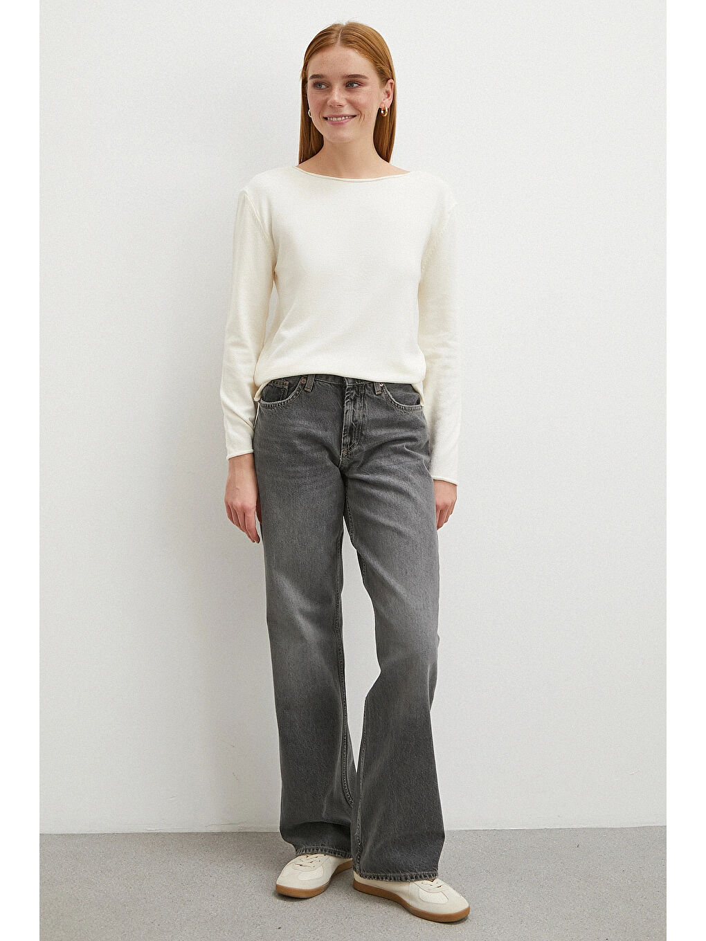 Kayık Yaka Uzun Kol Kazak Ekru-1