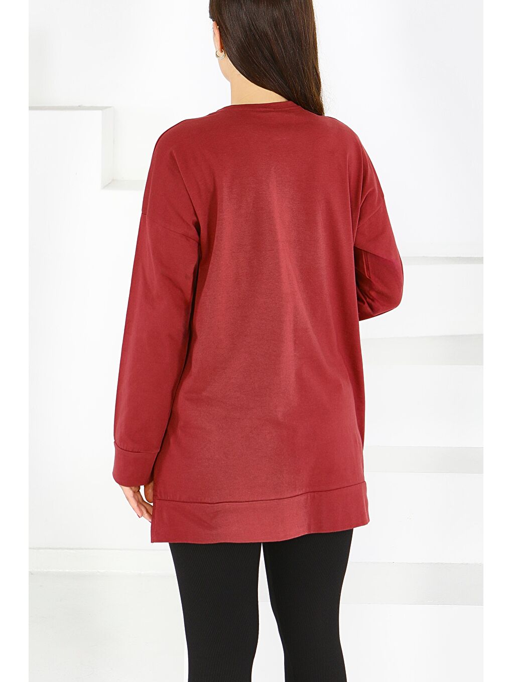 Uzun Kollu Baskılı Süprem Tunik Bordo - 27585-3