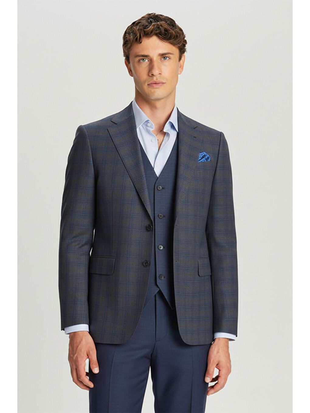 Giotelli Antrasit Slim Fit Kareli Mono Yaka %100 Yünlü Yelekli Takım Elbise