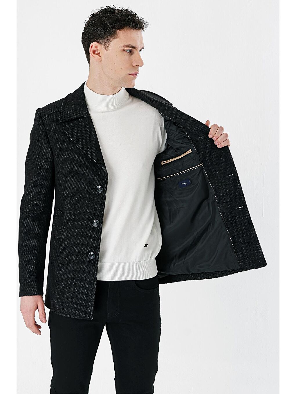 Siyah Kaşe Kırlangıç Yaka Desenli Yünlü Astarlı Slim Fit Dar Kesim Casual Mont 1007235173-3