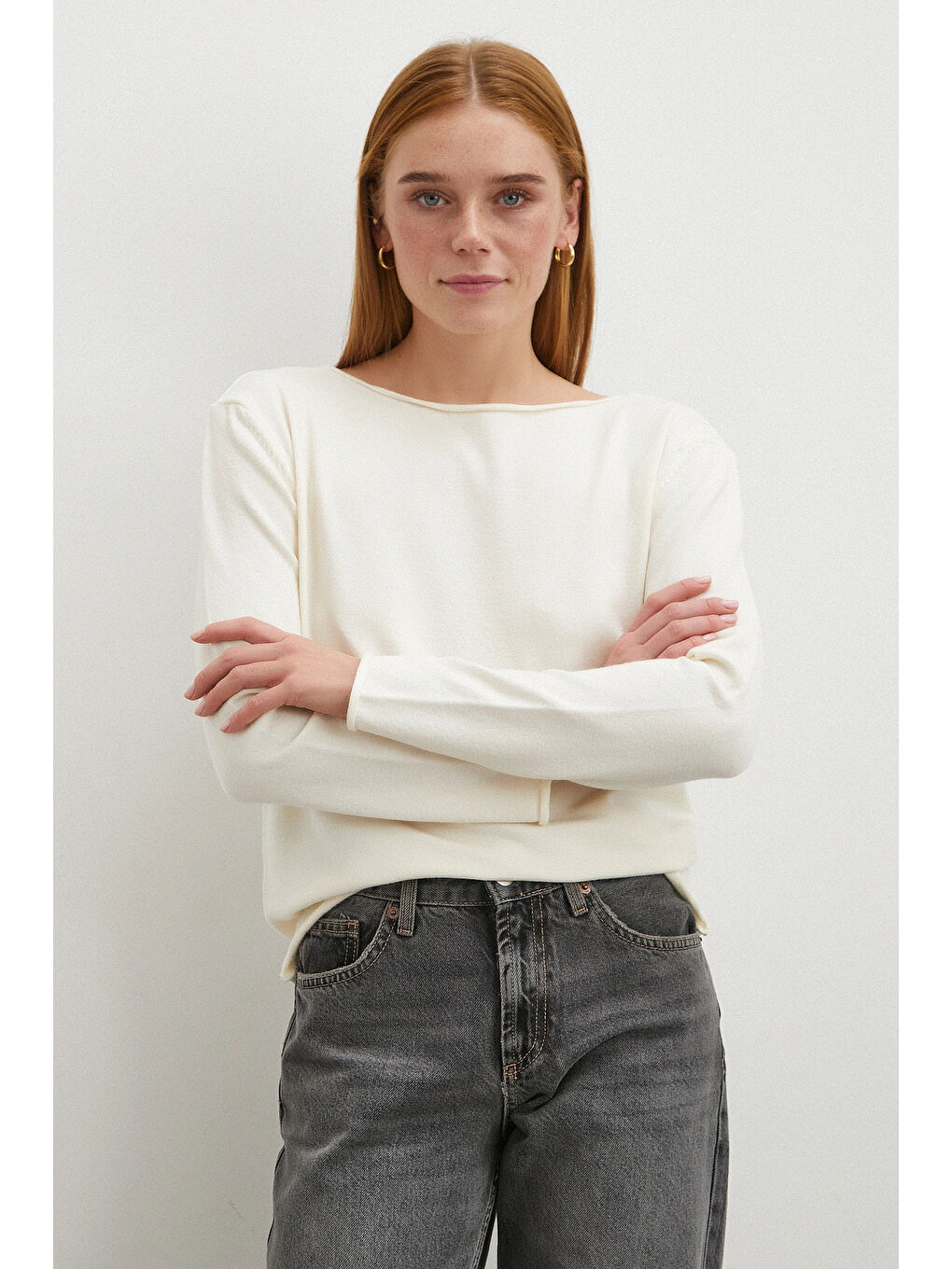 Kayık Yaka Uzun Kol Kazak Ekru-2